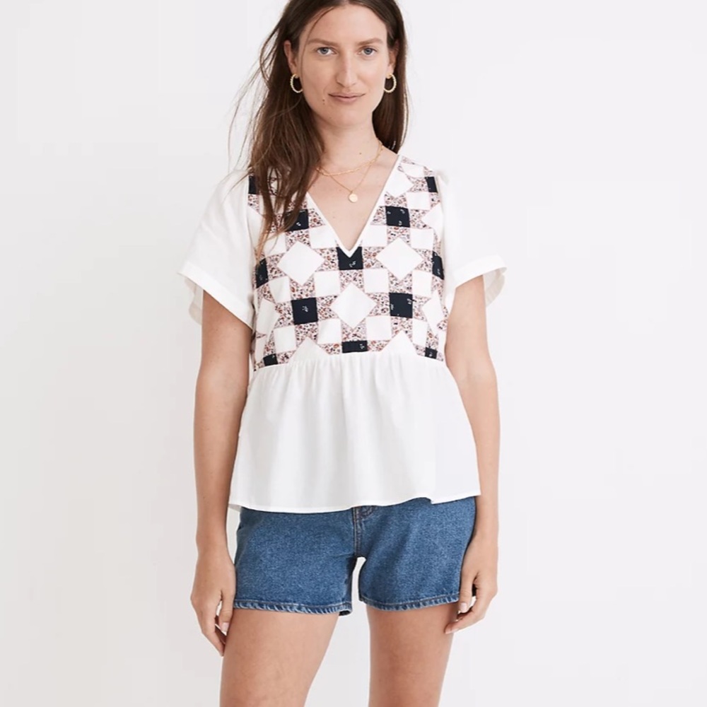 Madewell Flutter-Sleeve Peplum Top in Patchwork Quilt